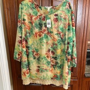 Krazy Kat Vibrant Floral Blouse with Lace Hem